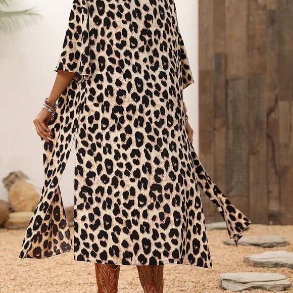 Khaki Casual Women's Leopard Print Split Front Button Up Shirt - Picture 3 of 6